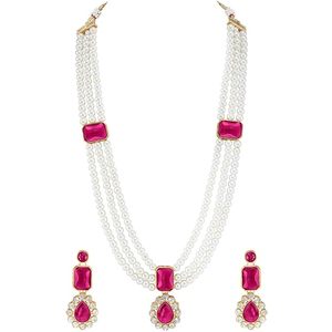 Ensemble collier et boucles d'oreilles pour enfants en alliage de zinc plaqué or, imitation perle, avec pendentif goutte d'eau en pierre rose, bijoux tendance - Product Image 2