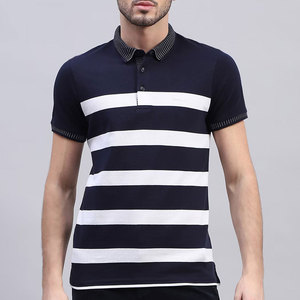 Men's Navy <b>White</b> Striped Short Sleeve Knitted <b>Polo</b> Shirt Casual Design Button Front Regular Fit <b>Polo</b> T-Shirts - Product Image 1