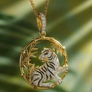 Luxury Gold Tiger Bamboo Pendant <b>Necklace</b> 3D Enamel Stripe Animal Medallion 18K Gold Plated Fine <b>Statement</b> Jewelry - Product Image 3