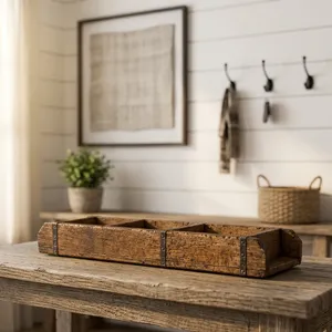 Molde Triple de Ladrillo de Madera para Macetas, Bandeja de Almacenamiento, Tira de Hierro Artesanal, Decoración Rústica para Jardín, Entrada, Sala de Estar, Hogar, Hotel - Product Image 4