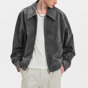 Blouson Bomber en Daim pour Homme, Col Rabattu, Fermeture Éclair, Style Décontracté Automne, Coupe Droite, Couleur Unie, Style Ample - Product Image 5