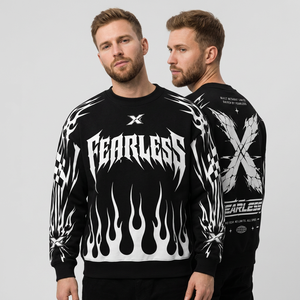 Sweat-shirt réfléchissant Fearless X à col rond pour homme, streetwear, pull noir et blanc avec imprimé flamme, en polyester tricoté, pour l'automne - Product Image 1