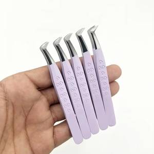 Ensemble de pinces à cils de précision, 5 pièces, acier inoxydable, pointe lisse, manche violet, emballage en boîte - Product Image 4