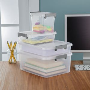 Modular Storage Bins 4-Pack 6.2 Qt <b>Clear</b> Plastic Latching <b>Containers</b> with Write-On ID Latches Gray - Product Image 5