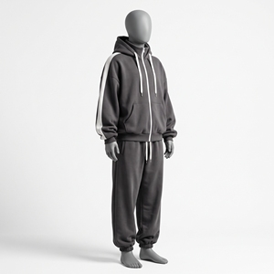 Conjunto Deportivo Oversize de Carbón con Cremallera para Hombre, Sudadera con Capucha y Rayas Blancas, Cordón Blanco, Logotipo en el Pecho, Pantalones Jogger con Puños, Conjunto Deportivo Gris Oscuro con Cremallera - Product Image 5