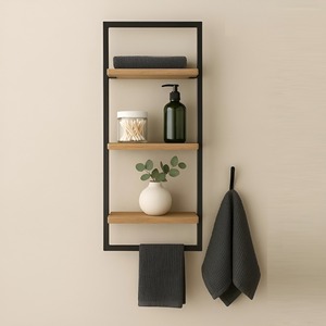 Étagère murale créative en métal, étagère murale en bois pour cuisine et salle de bain, support de rangement mural en fer suspendu - Product Image 2