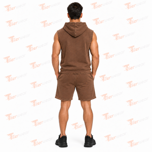 <b>Men's</b> Brown Acid Wash Sleeveless <b>Hoodie</b> <b>and</b> <b>Shorts</b> <b>Set</b> Summer Cotton French Terry Streetwear Outfit <b>Hoodie</b> Summer <b>set</b> - Product Image 6