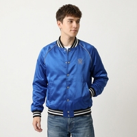Blouson Bomber Unisexe en Satin de Soie 100% Bleu Royal, Couleur Unie, Boutons sur le Devant, Col Montant Rayé, Poignets Légers
