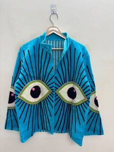 Blusa de Invierno para Mujer, Tejida en Terciopelo Azul, Ligera, 100% Algodón, Bordado Floral, Transpirable, Estilo Boho, Hecha a Mano - Product Image 1