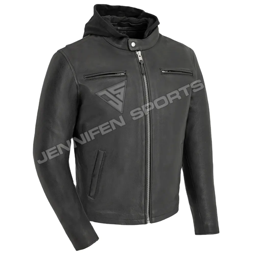 Motorcycle Men's Genuine Cowhide Smooth Leather Jacket With Hood Front Chest&Side Pockets Zipper's Closing Inside Quilted Lining