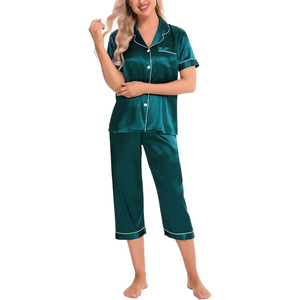Women's <b>Emerald</b> Green Satin Pajama Set Short Sleeve Button Front Elegant Sleepwear Mid Rise Calf Length Pants Smooth Finish - Product Image 2
