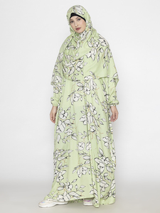 Sage Green Floral Printed 100% Viscose Long Sleeve Maxi Abaya and Matching <b>Hijab</b> Set Traditional Look Islamic Modest Dress - Product Image 1