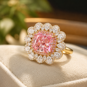 Pink <b>Cushion</b> Cut Gemstone Promise Ring Halo Plated White Gold Engagement Band <b>for</b> Women Moissanite Luxury Jewelry - Product Image 4