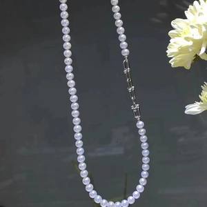 Collier en argent S925 avec boucle en fer à cheval, perle d'eau douce non nacrée, blanche, presque ronde, 5,5-6 mm, propre, sans défaut, charme, petit - Product Image 1