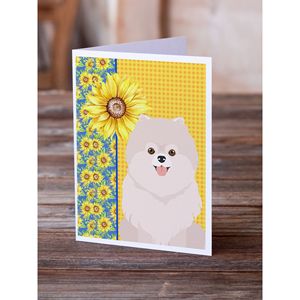 Summer Sunflowers <b>White</b> Pomeranian Greeting Cards Pack 8 Blank A7 Size 5x7 Note Cards with <b>Envelopes</b> Whimsical Design - Product Image 2