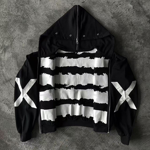 Sweat-shirt à capuche personnalisé avec logo pour homme, noir et blanc, imprimé géométrique X, streetwear, fermeture éclair sur le devant, coupe classique, tricoté en polyester, automne - Product Image 4