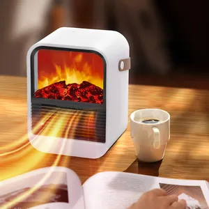小型便携式台式PTC陶瓷空间空气热暖风机，带3D模拟火焰壁炉，适用于家庭客厅书桌