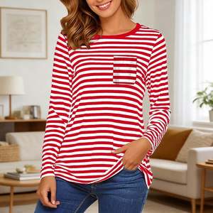 T-shirt à manches longues pour femme en coton 100% avec logo personnalisé OEM, rayé, doux, décontracté, col rond, avec poche, tee-shirt basique 180 GSM - Product Image 1
