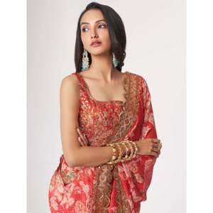 Gorgeous <b>Red</b> Floral Print Organza Wedding Saree with <b>Blouse</b> for Wedding Apparel - Product Image 4