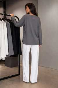 Oneten Apparels Women Grey Crew Neck <b>Top</b> <b>White</b> Wide Leg Pants 2 Piece Set - Product Image 3