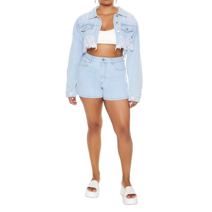 Shorts en jean taille haute décontractés pour femme, coupe droite, délavé foncé, grandes tailles - Product Image 1