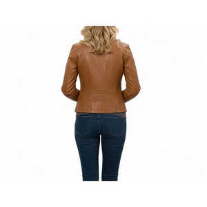 Chaqueta de Cuero Vacuno Color Bronceado para Mujer, Talla XS, Cuello Redondo Minimalista, Manga Larga, para Otoño - Product Image 1