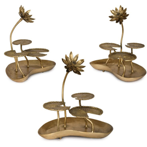 Brass Antique Finished Lotus & Leaves Design <b>Cake</b> Stand Set 3 <b>Tier</b> Irregular Shape Handmade Metal Dessert Display For Home Decor - Product Image 1