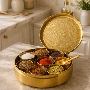 Traditional Indian Brass Home Decor Gift Designer Spice Storage <b>Box</b> Floral Engraved Lid Leak Proof Food Grade Dishwasher Safe - Product Image 2