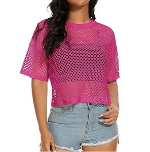 Women's Transparent Mesh Base Short Sleeve Pink Color Loose Crop T-Shirt Autumn Outerwear Cropped Casual Tank <b>Top</b> Mesh T Shirts - Product Image 4