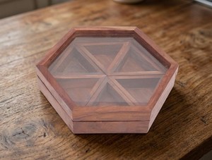 Hand Crafted Hexagon Wooden Spice <b>Box</b> with Glass Lid | Handmade Masala Organizer, Rustic Kitchen Storage With Brass Spoon - Product Image 5