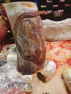 Handcrafted Customised Viking Carving Ceramic Drinking Horn <b>Mug</b> Highly Polished Natural Horn India for Business Gifts-Wine Beer - Product Image 6
