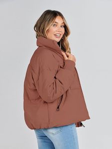 Brown Quilted Puffer <b>Jacket</b> Women Hooded Full <b>Sleeve</b> Zipper Closure Thick Winter Solid Color Casual <b>Short</b> Coat - Product Image 6