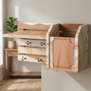 <b>Wooden</b> Wall Mounted Mail Organizer with Key Hooks Rustic Entryway Storage Rack <b>Letter</b> Holder Home Office Wall Decor - Product Image 5