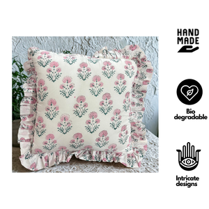 Funda de cojín cuadrada artesanal premium de algodón puro con estampado a mano estilo bohemio de Jaipur, con volantes, ecológica, para uso en el hogar y hoteles. - Product Image 3