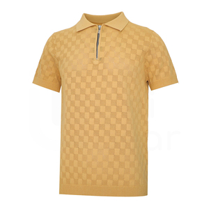 Men's Knitted Short Sleeve <b>Polo</b> <b>Shirt</b> Geometric Pattern Zipper Casual Regular Fit Mustard <b>Yellow</b> - Product Image 1