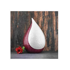 Teardrop Luxury Aluminium Finish Handmade Eco-Friendly Cremation Urn Decorative Maroon White Textured Memorial Ashes <b>Table</b> Top - Product Image 1