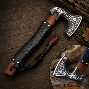 Handgeschmiedete Damaskus-Tomahawks mit Henri Wolf Gravur, Rosenholzgriff, 22-Zoll geschmiedete Stahlklinge, Outdoor-Display, Leder - Product Image 4