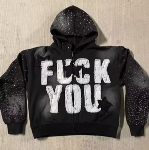 Sudadera con capucha y cremallera para hombre, de felpa gruesa, estilo francés, con bordado y efecto desgastado, personalizada por fabricante - Product Image 1