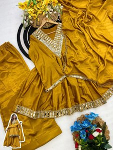 Mustard Yellow Silk Satin Ethnic <b>Shawl</b> Set With Rhinestone Embellishment Traditional Indian Pakistani <b>Wedding</b> Wear Women's Sprin - Product Image 2