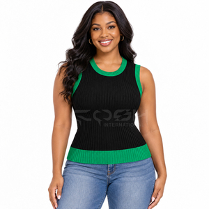 Cosh International Sisterhood Sorority Knitted Sleeveless <b>Tank</b> <b>Top</b> Contrast Color Spliced Casual Wear <b>Black</b> Green Cardigan - Product Image 1
