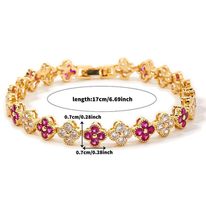 Bracelet Tennis Trèfle en Moissanite Rose de Luxe, Finition Or, Maillons Floraux Sertis de Pierres, Bijou Élégant, Idéal Cadeau - Product Image 2