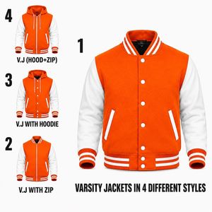 <b>Men's</b> Orange Varsity <b>Jacket</b> <b>White</b> Sleeves Button Closure Casual Style Autumn Wear Regular Fit Solid Color Stand Collar Windproof - Product Image 1