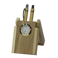 Soporte para Bolígrafos de Madera y Organizador de Escritorio con Reloj de Mesa Atómico Iluminado de Diseño Rústico y Movimiento de Cuarzo Ecológico