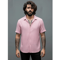 Kemeja Pria Young Exports Berbahan Katun/Polyester, Kerah Kuba, Lengan Pendek, Slim Fit, Kasual, Cocok untuk Liburan Musim Panas, Nyaman Dipakai Sepanjang Hari
