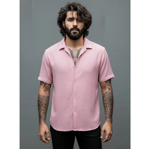 Camisa de Manga Corta con Cuello Cubano Texturizada para Hombre, Corte Ajustado, Estilo Casual para Vacaciones - Product Image 5