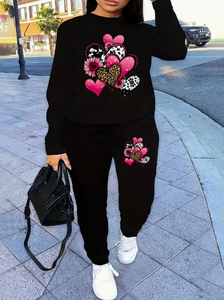 Women's Black <b>Heart</b> Leopard Print <b>Sweatshirt</b> Jogger Set Crew Neck Full Sleeve Knitted Casual Outfit - Product Image 2