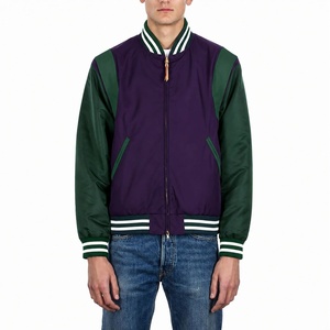 Blouson universitaire homme violet et vert, col montant, fermeture éclair, style décontracté, pour l'automne, coupe classique, logo frontal en PU - Product Image 1