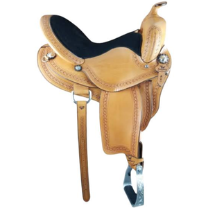 Selle de cheval western en cuir naturel tanné avec siège rembourré noir et étriers – Équipement équestre de cowboy haut de gamme pour ranch et sentiers - Product Image 2