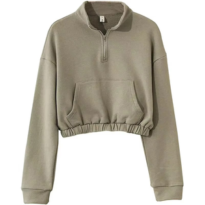 Cropped Quarter Zip Sweatshirt Oversized <b>Mock</b> <b>Neck</b> Fleece Pullover <b>Top</b> Boxy Fit Kangaroo Pocket Streetwear - Product Image 3