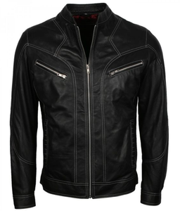 Veste de moto pour homme en PU noir uni, col roulé, fermeture éclair, coupe ajustée, style hiver - Product Image 3
